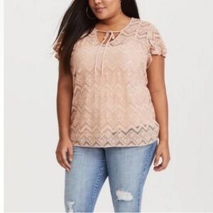 Torrid Lace Top Women’s 2X Sheer Lace Overlay Tie Neckline Flutter Sleeve Casual